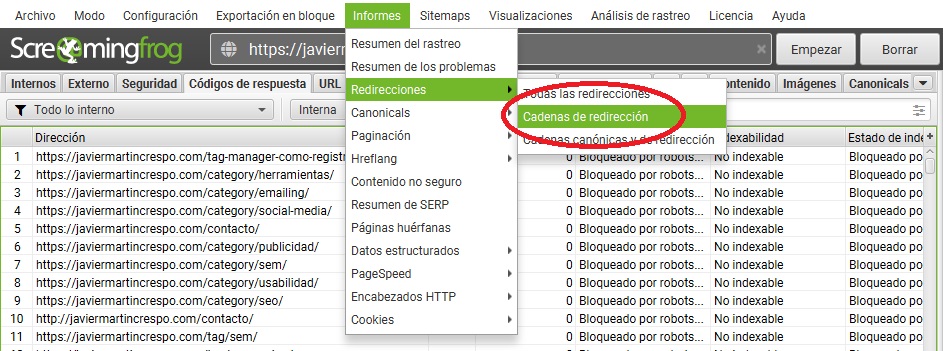 cadena redireccion con screaming frog