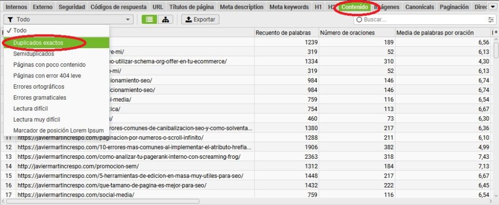 screamingfrog contenido