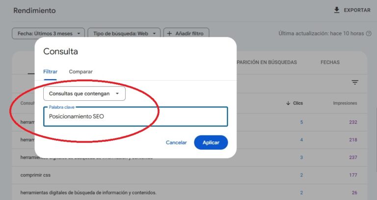 search console filtro